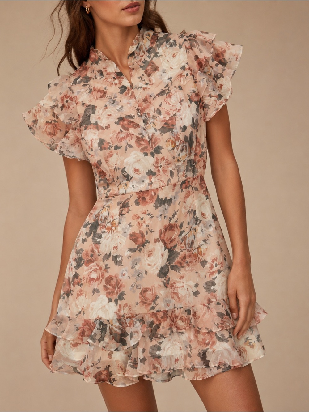 chic Blush Floral Ruffle Mini Dress